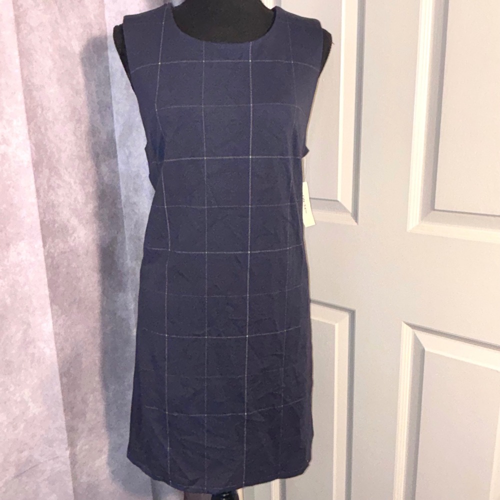 NWT ON 34TH Sleeveless Plaid Shift Dress Women Size Medium Navy Blue Preppy